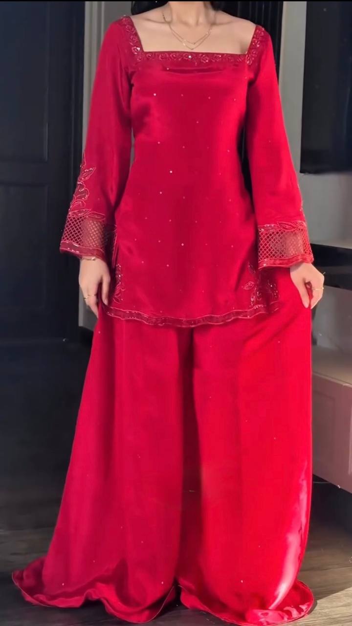 Pakistani Style Red Embroidered Crepe Silk Farshi Suit Set with Dupatta For Women