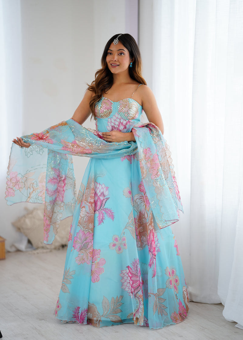 Modern Partywear Sky Blue Floral Full Stitched Lehenga Choli For Women | Mermaid Lehenga For Women