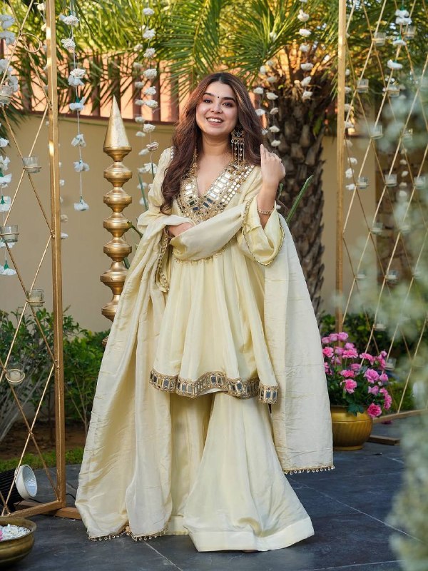 Ivory Mirror Work Anarkali Palazzo Set with Dupatta for Women | Festive & Wedding Wear