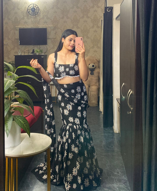 Designer Full Stitched Black Fish Cut Wedding Lehenga For Women