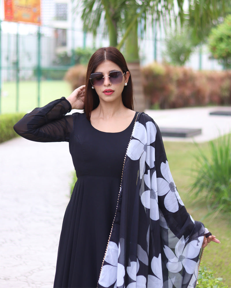 Black Color Soft Georgette Anarkali Gown For Women With Floral Printed Dupatta