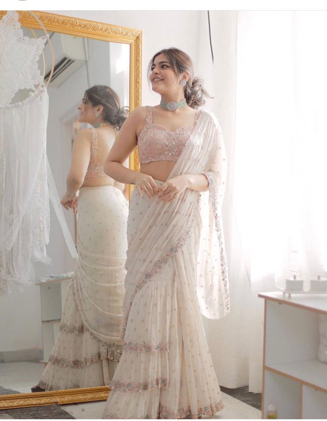 Party Wear Real Mirror Work Ruffle Ready To Wear Saree For Wedding | Ruffle Saree For Women