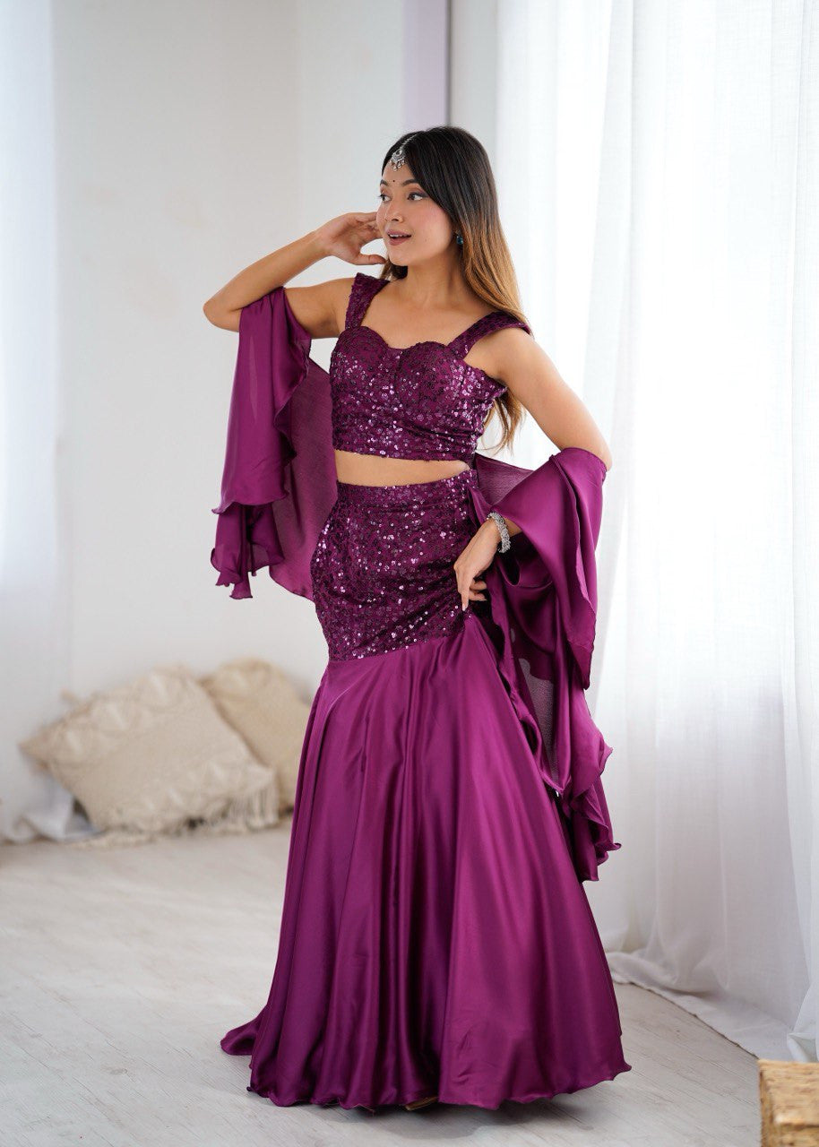 Wine Sequin Fish Cut Lehenga Choli Set with Dupatta | Fish Cut Lehenga For Women