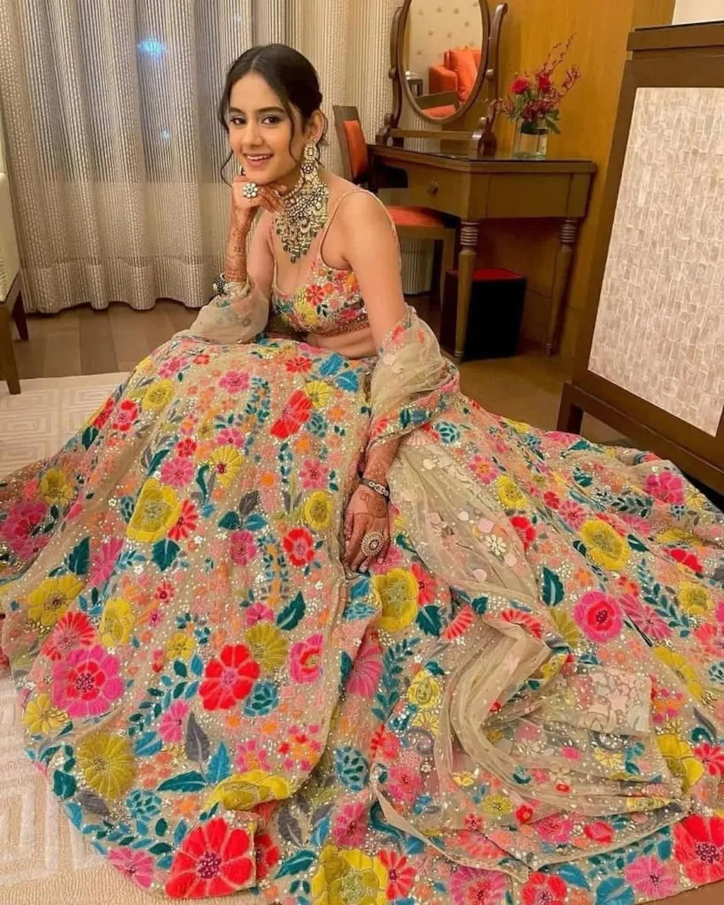 Wedding Wear Multi Color Floral Sequins Embroidered Lehenga For Women | Wedding Outfits For Women