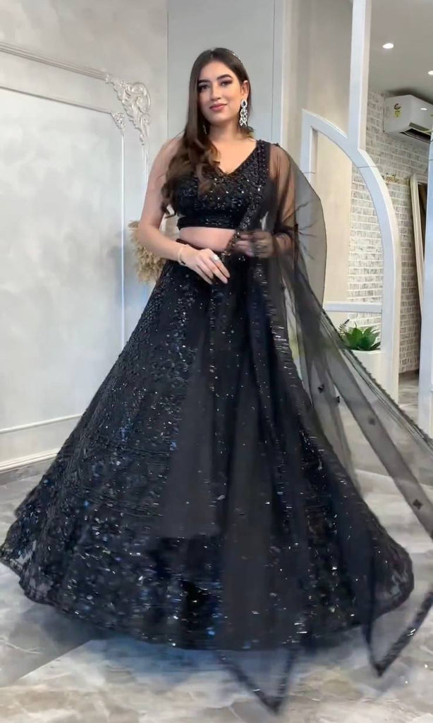 Black Net Designer Lehenga Choli With Dori & Sequins For Wedding & Party Wear
