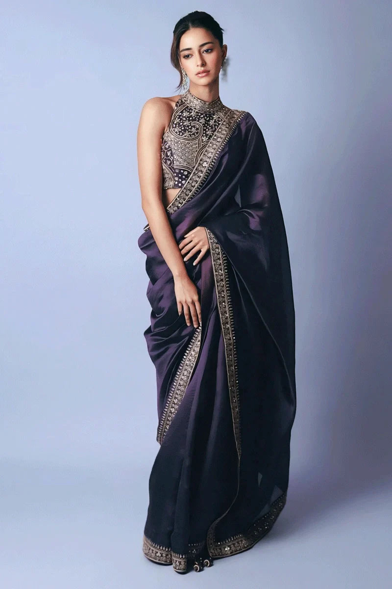 Party & Wedding Wear Designer Royal Purple Embroidered Sequin Saree with Mirror Work | Party Wear Saree For Women