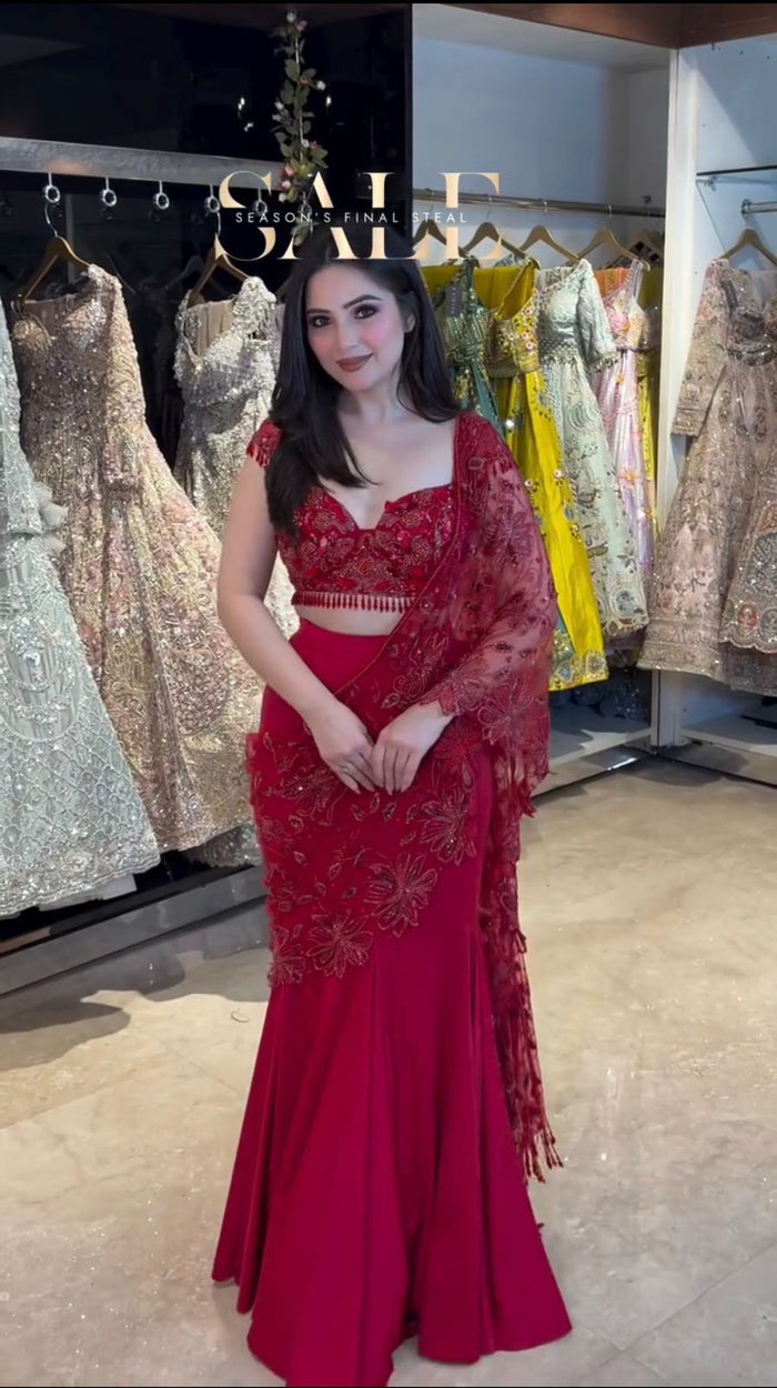 Ruby Red Mermaid Style Ready To Wear Lehenga Saree For Women | Ready To Wear Saree