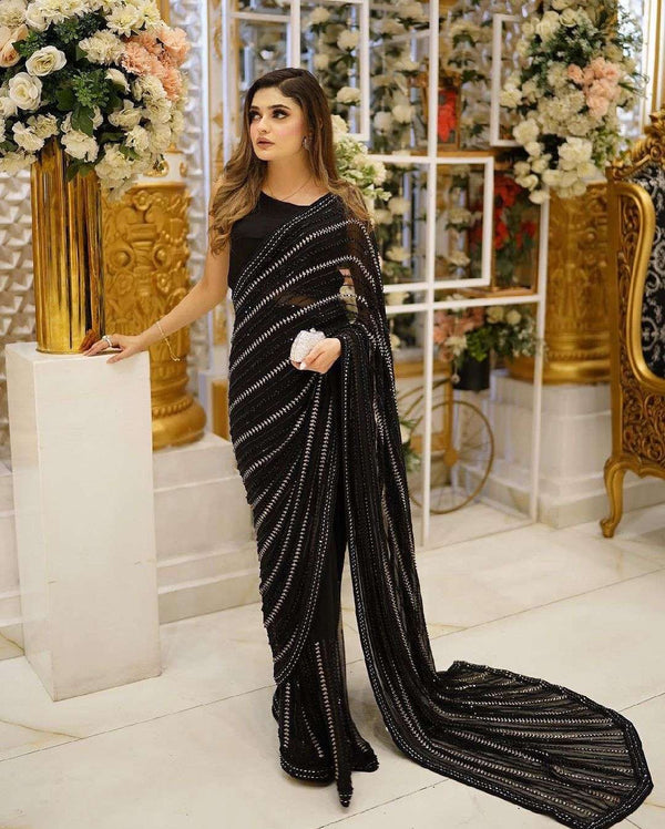 Cocktail Black Premium Georgette Party Wear Saree with Sequin Embroidery Work | Party Wear Saree For Women