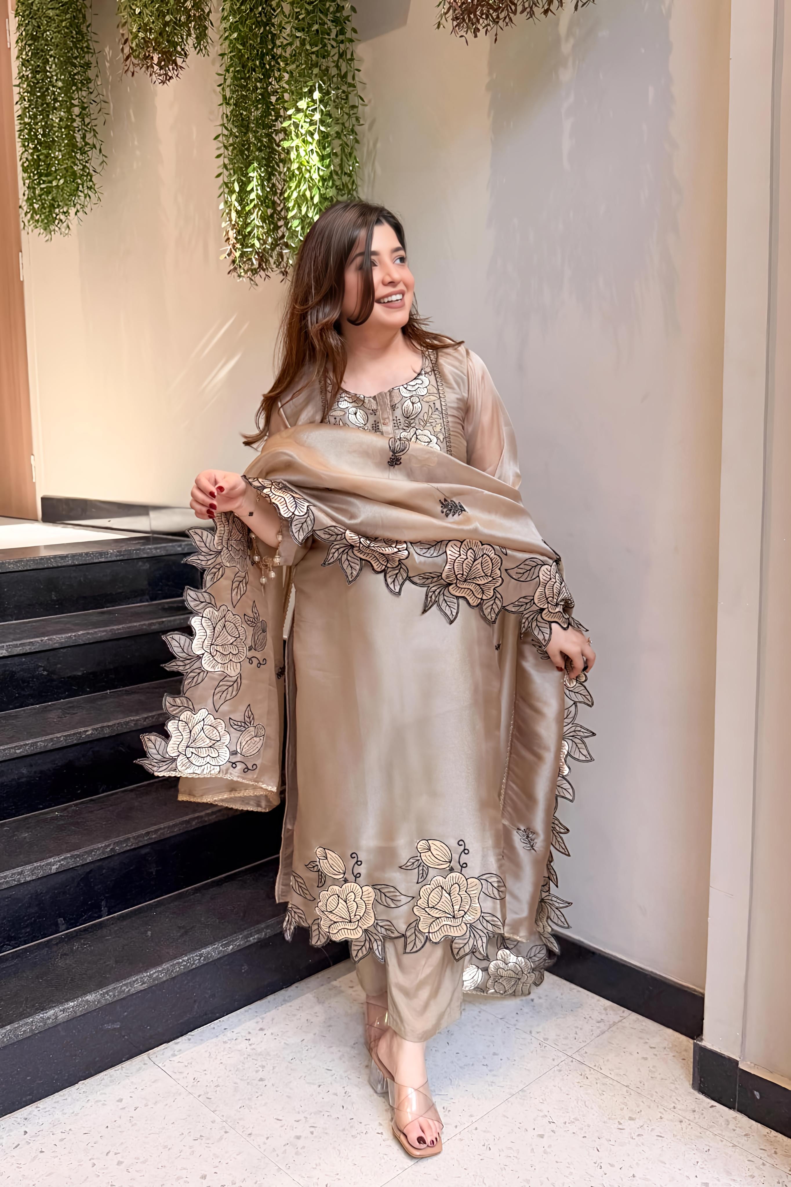 Champagne Gold Mul Chanderi Embroidered Kurta Pant Set with Dupatta