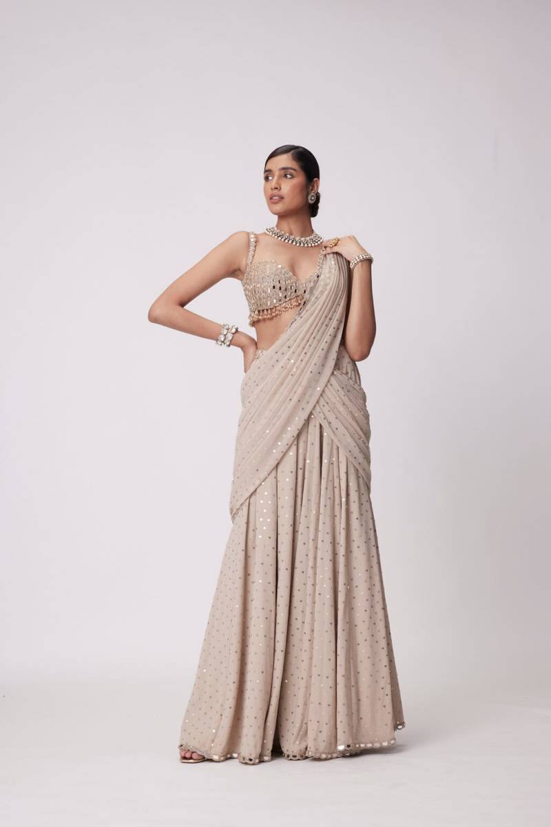 Ready To Wear Faux Georgette Mirror Work Lehenga Saree with Unstitched Blouse | Wedding Outfits For Women