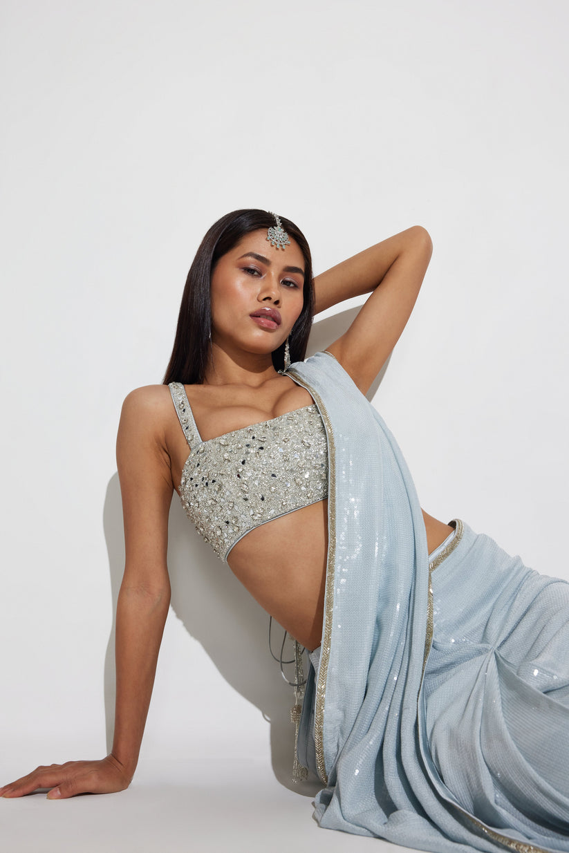 Icy Blue Ready To Wear Sequin Saree for Party & Reception | Ready To Wear Saree For Women