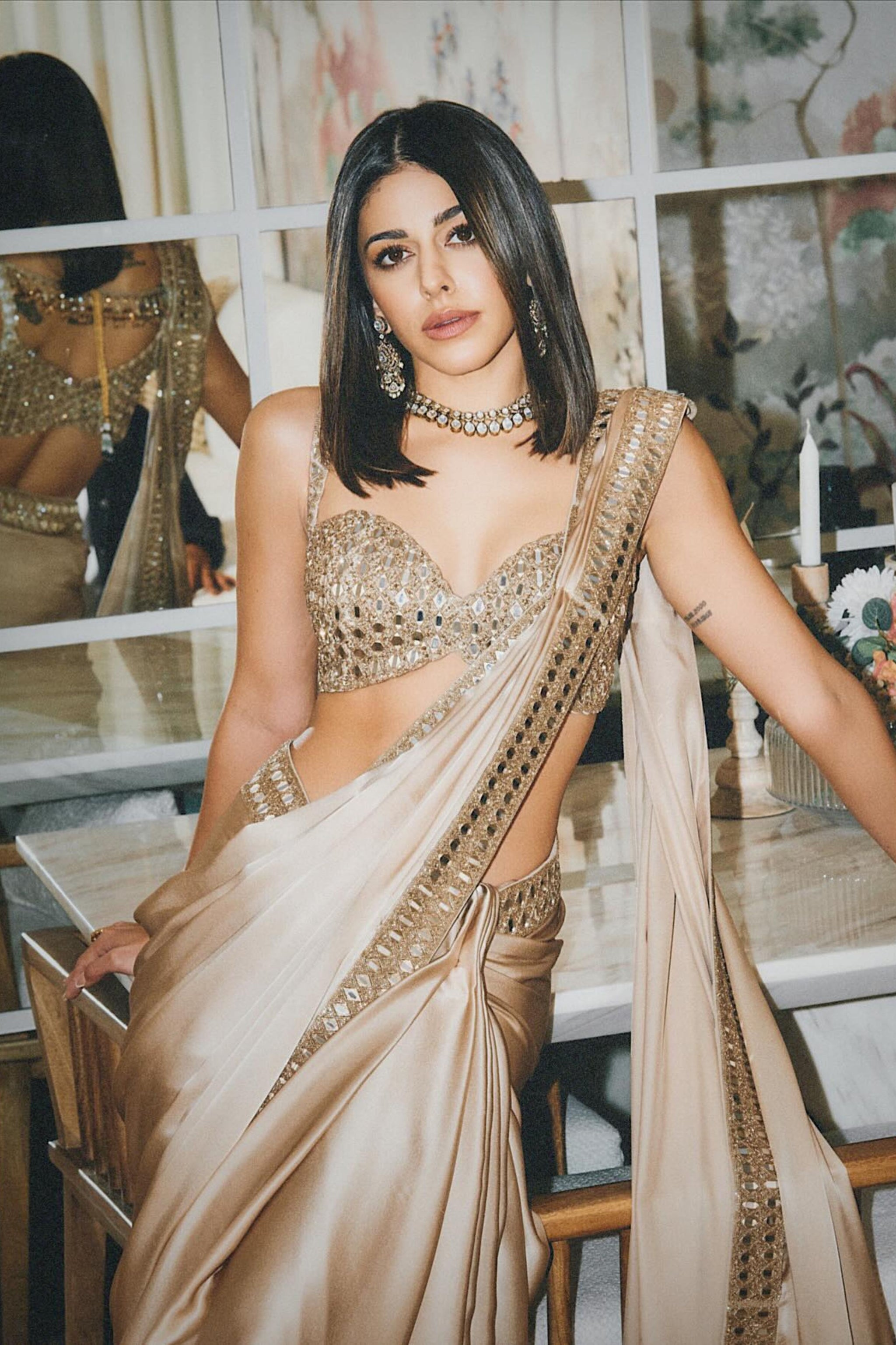 Partywear Silk Saree with Real Mirror Work Border & Designer Blouse | Party Wear Saree For Women