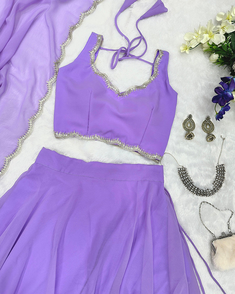 Ceremony Wear Lavender Color Full Flair Pure Georgette Full Stitched Lehenga Choli