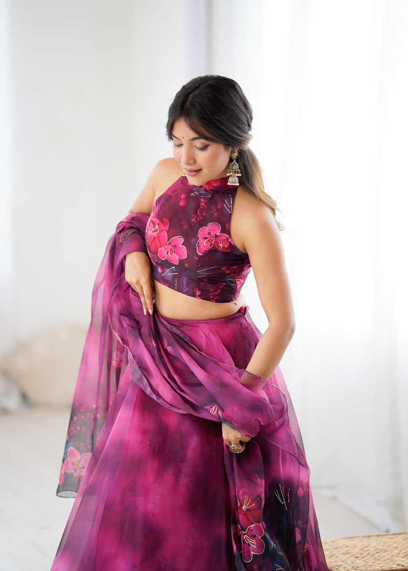 Modern Partywear Plum Wine Floral Stitched Lehenga Set with Halter Neck Blouse & Dupatta | Lehenga For Women