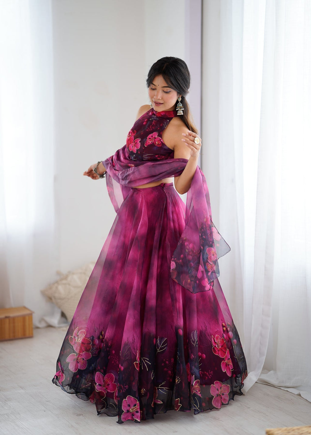 Modern Partywear Plum Wine Floral Stitched Lehenga Set with Halter Neck Blouse & Dupatta | Lehenga For Women