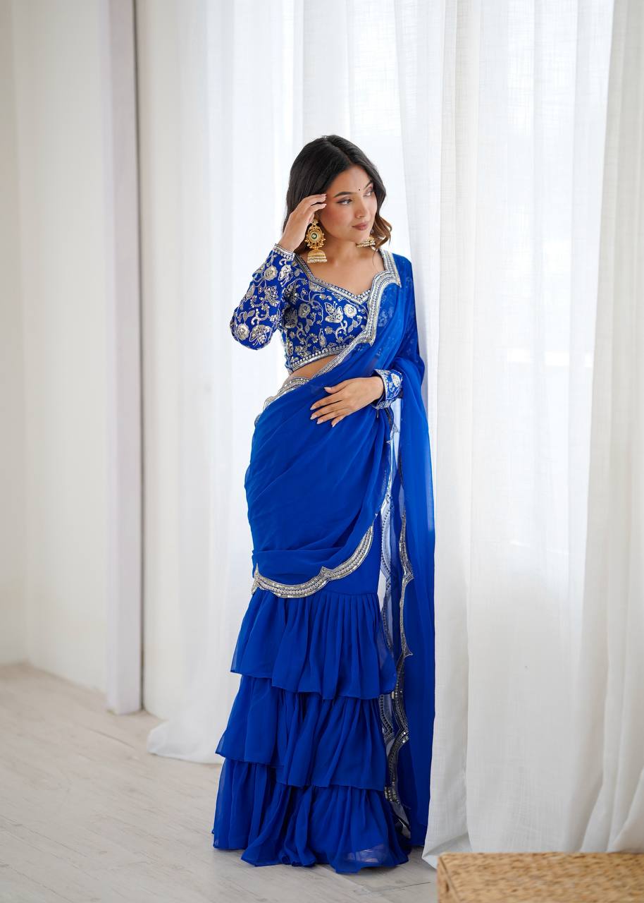 Party Wear Pre Draped Ready To Wear Ruffle Saree | Ready To Wear Saree For Wedding
