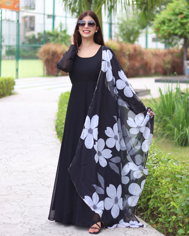 Black Color Soft Georgette Anarkali Gown For Women With Floral Printed Dupatta