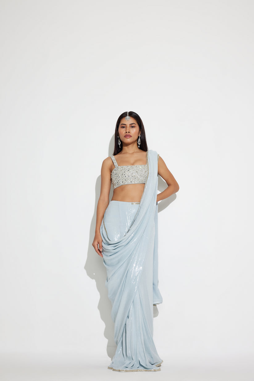 Icy Blue Ready To Wear Sequin Saree for Party & Reception | Ready To Wear Saree For Women