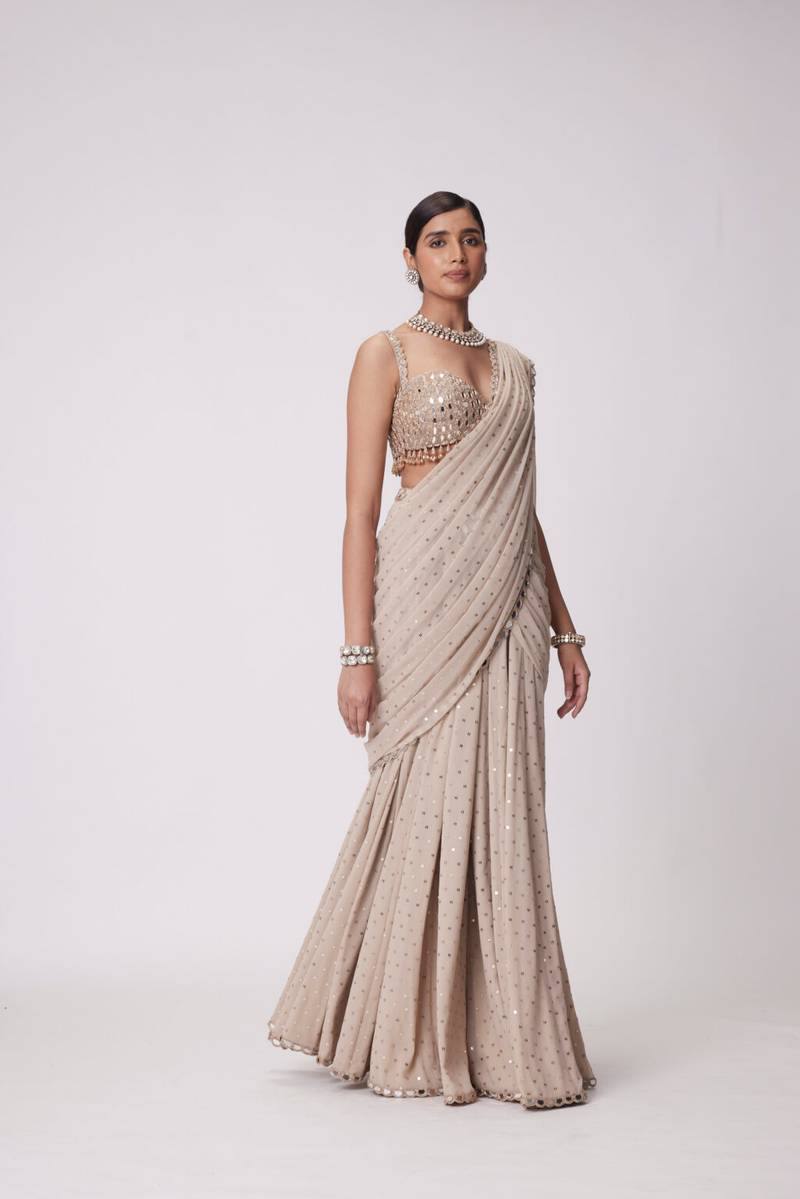 Ready To Wear Faux Georgette Mirror Work Lehenga Saree with Unstitched Blouse | Wedding Outfits For Women