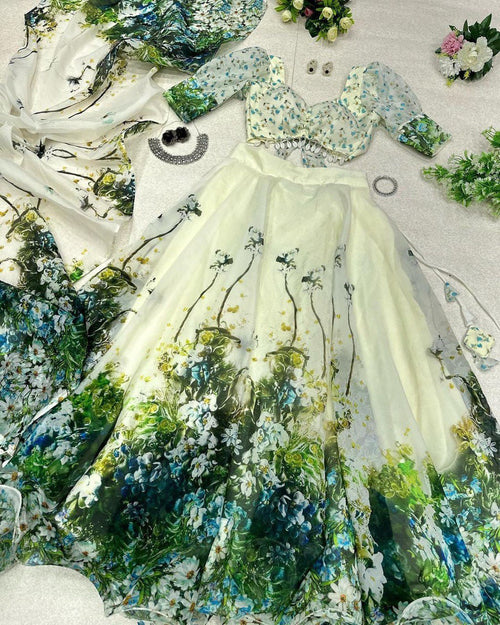 Designer Floral Print Light Green Color Organza Silk Lehenga Choli