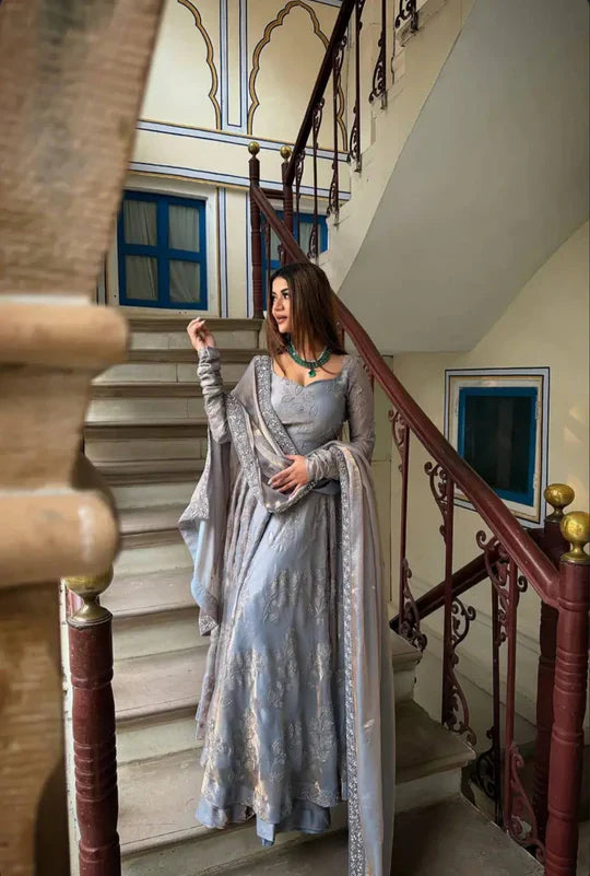 Heavy Fandy Silk Anarkali Plazzo Set Embroidery Party Wear