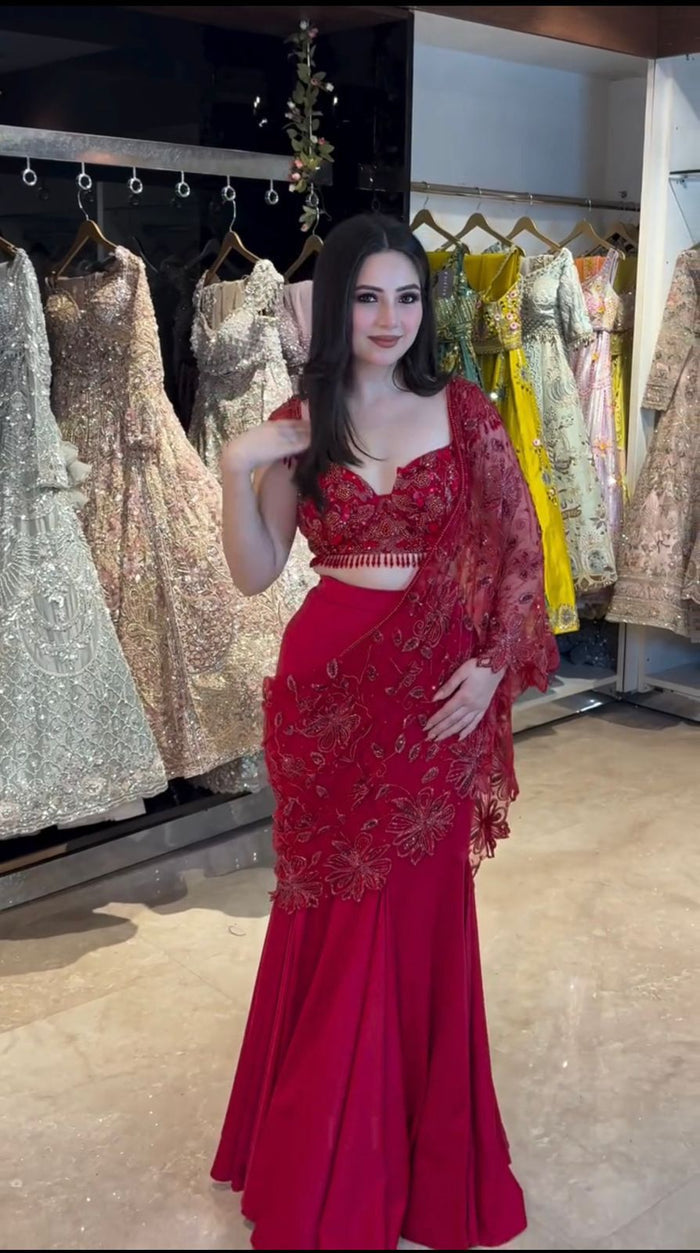 Ruby Red Mermaid Style Ready To Wear Lehenga Saree For Women | Ready To Wear Saree
