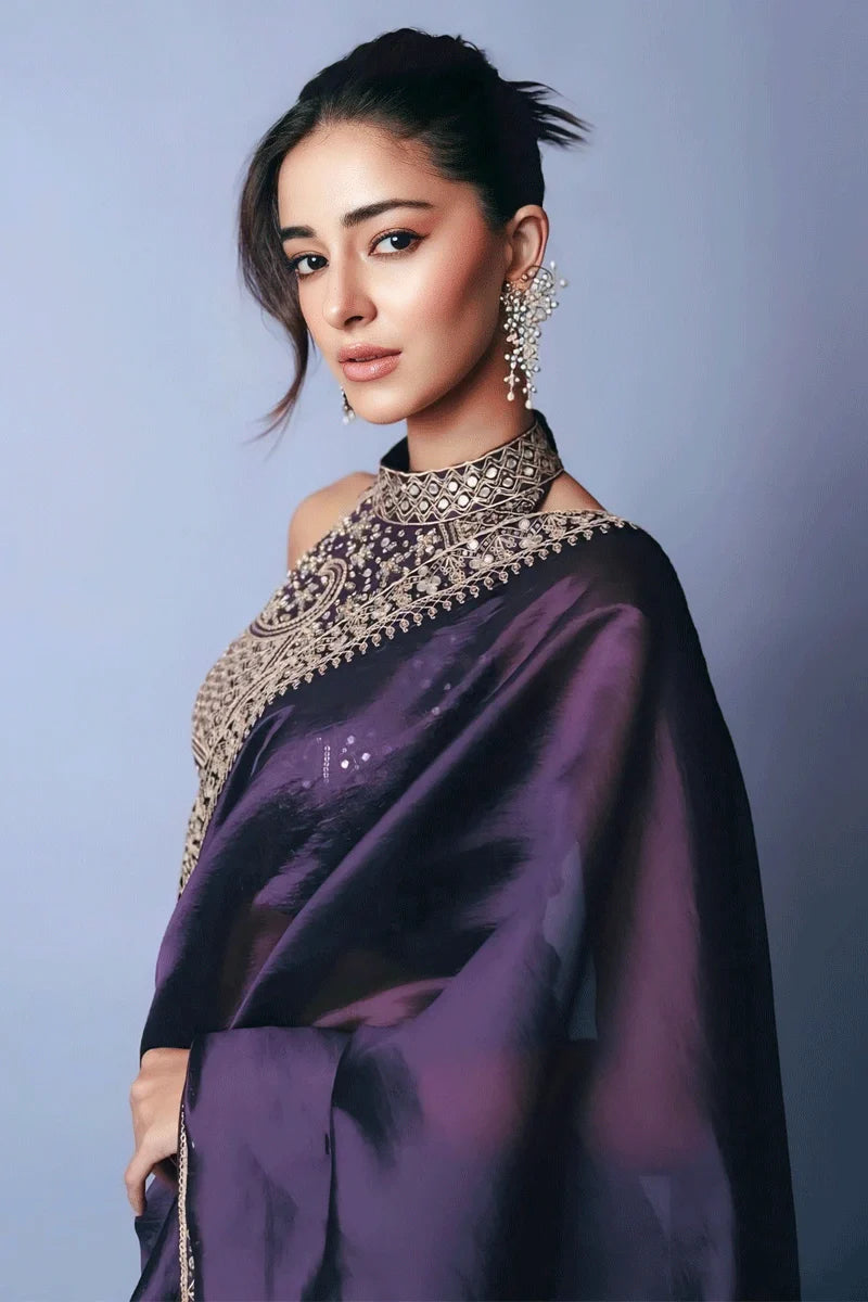 Party & Wedding Wear Designer Royal Purple Embroidered Sequin Saree with Mirror Work | Party Wear Saree For Women