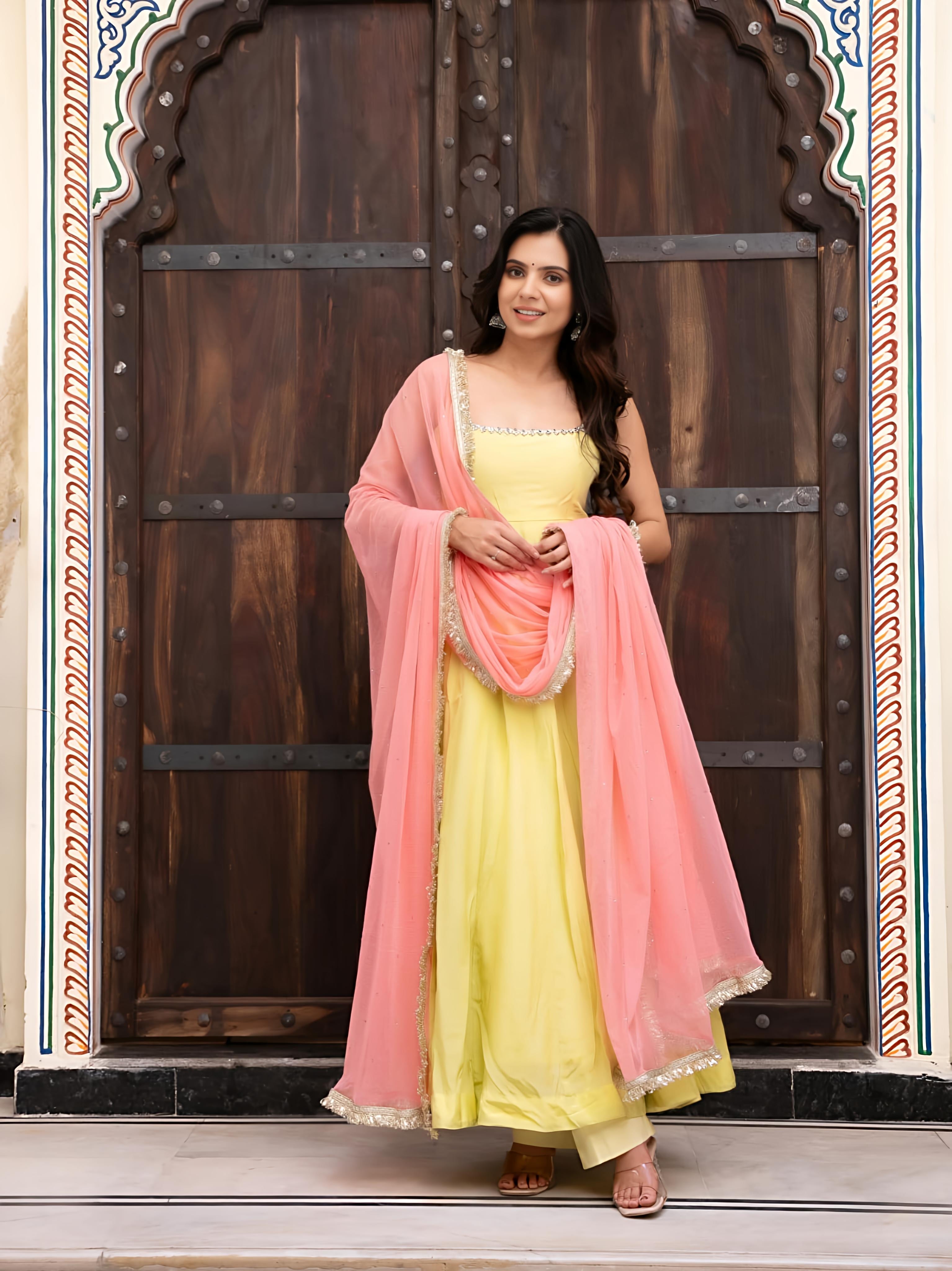 Sunshine Lemon Yellow Georgette Anarkali Suit Set with Embroidered Dupatta & Pant