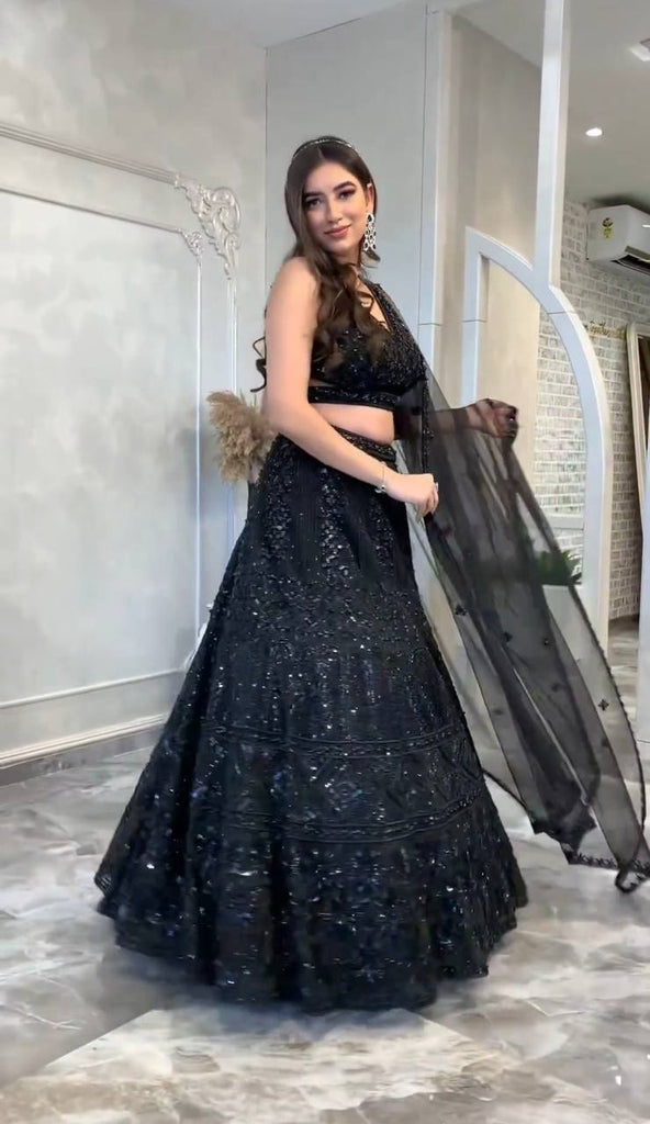 Black Net Designer Lehenga Choli With Dori & Sequins For Wedding & Party Wear