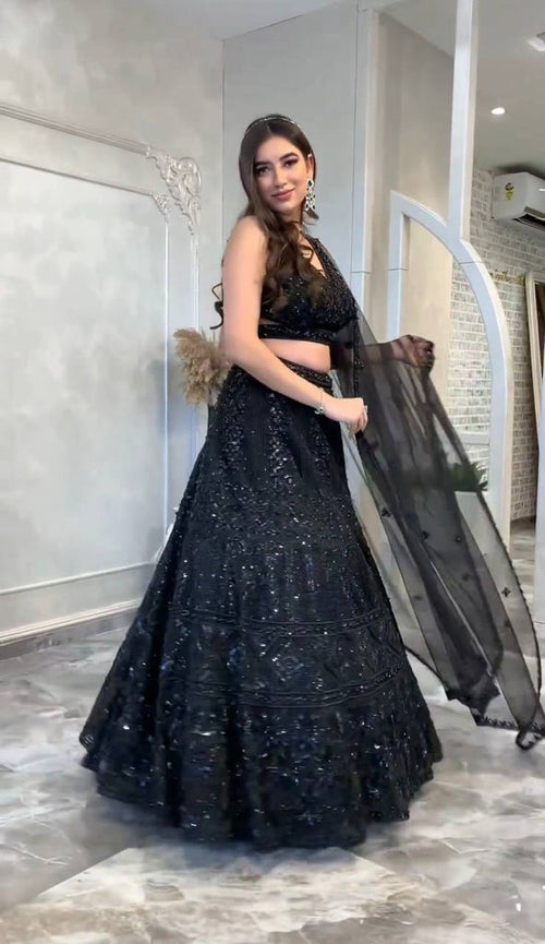Black Net Designer Lehenga Choli With Dori & Sequins For Wedding & Party Wear