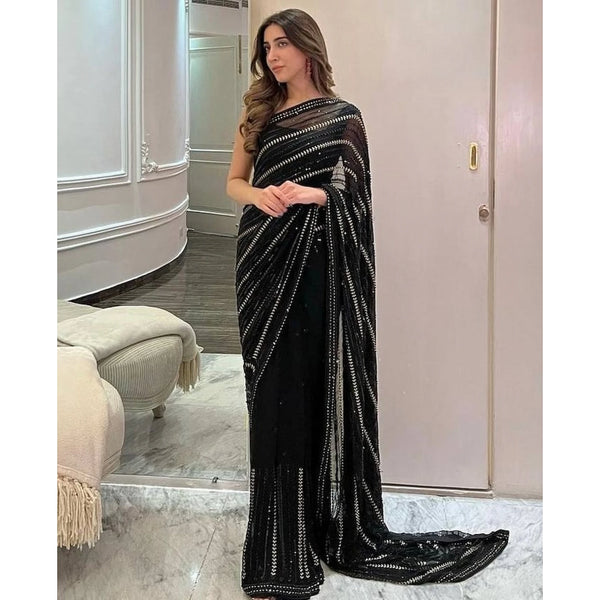 Cocktail Black Premium Georgette Party Wear Saree with Sequin Embroidery Work | Party Wear Saree For Women