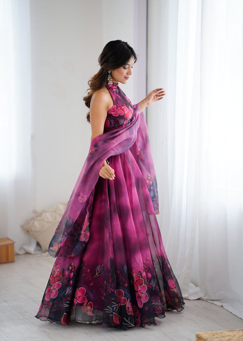 Modern Partywear Plum Wine Floral Stitched Lehenga Set with Halter Neck Blouse & Dupatta | Lehenga For Women