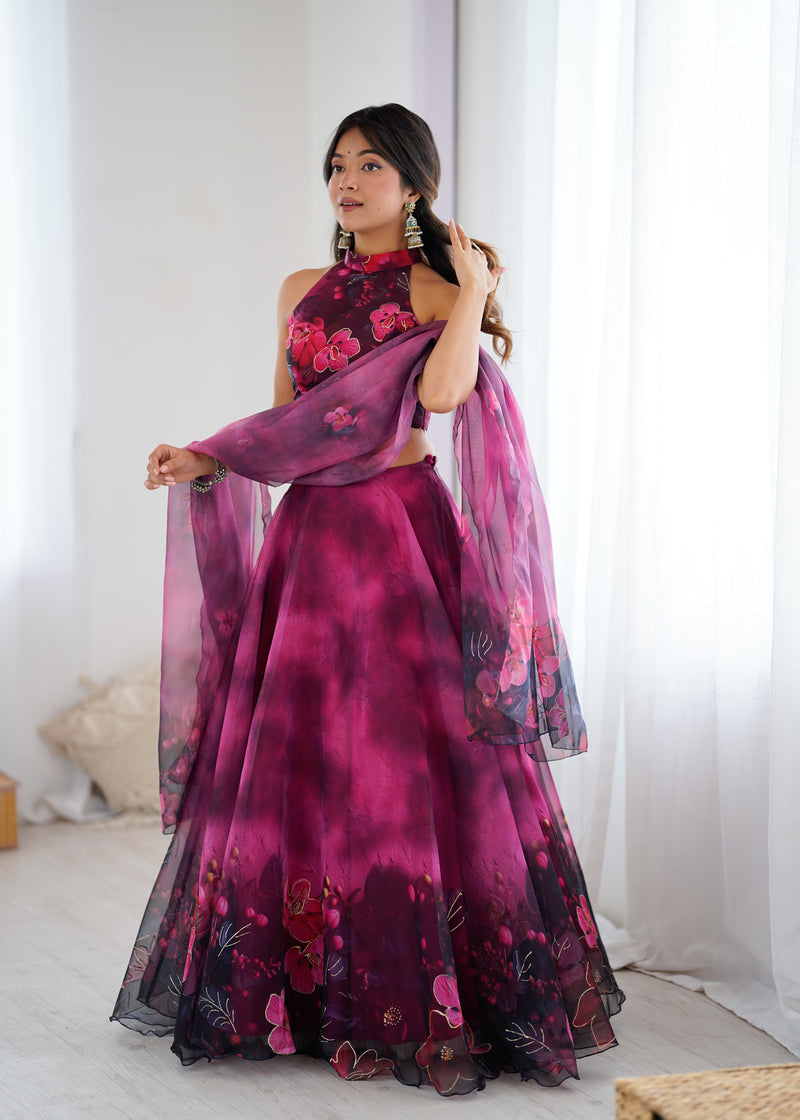 Modern Partywear Plum Wine Floral Stitched Lehenga Set with Halter Neck Blouse & Dupatta | Lehenga For Women