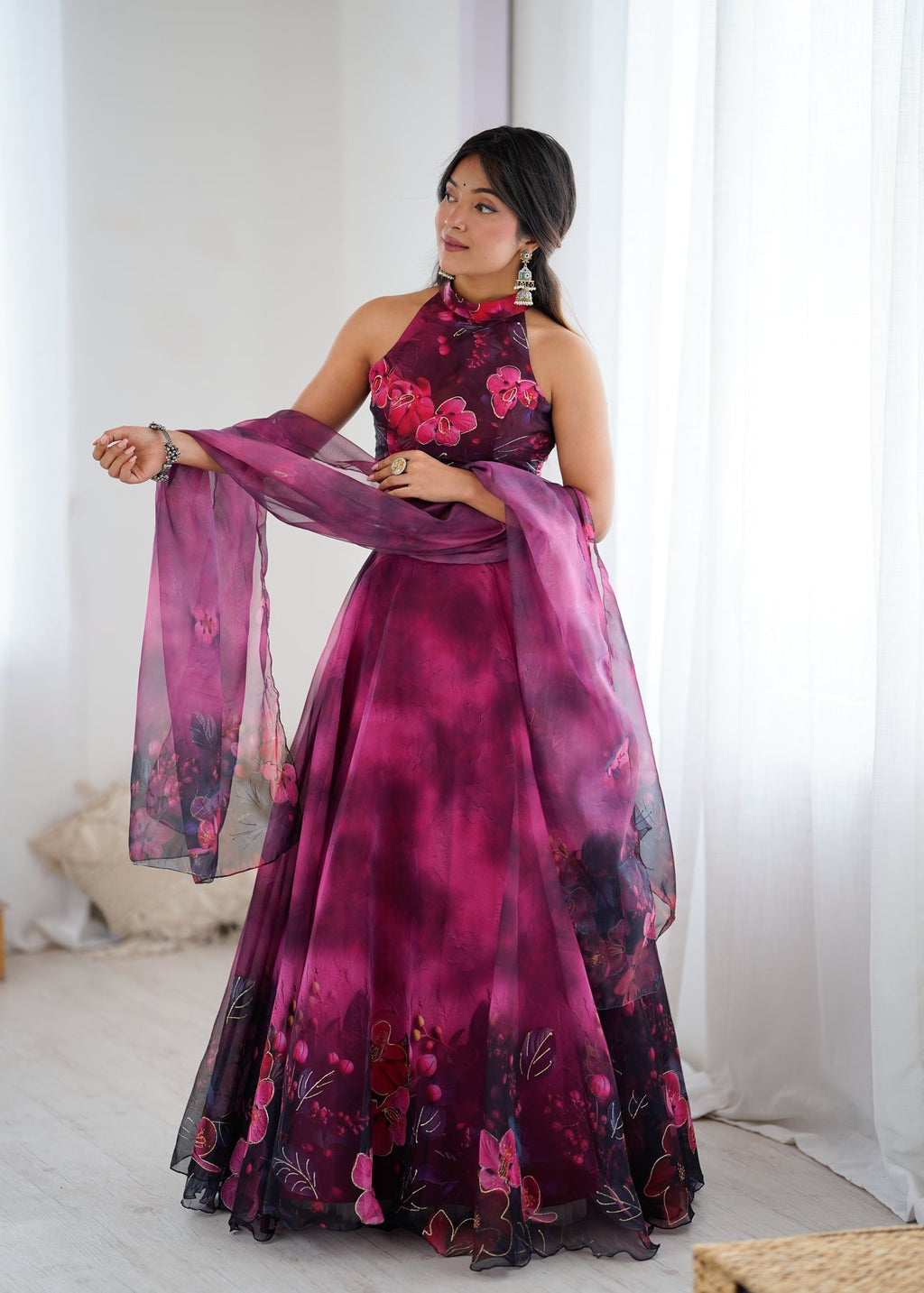 Modern Partywear Plum Wine Floral Stitched Lehenga Set with Halter Neck Blouse & Dupatta | Lehenga For Women