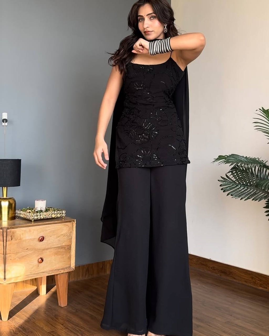 Party Wear Classic Black Cosmos Kurta Palazzo Set with Dupatta