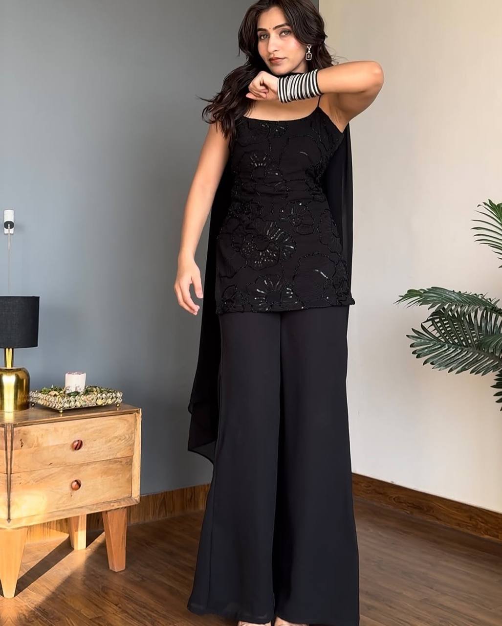 Party Wear Classic Black Cosmos Kurta Palazzo Set with Dupatta