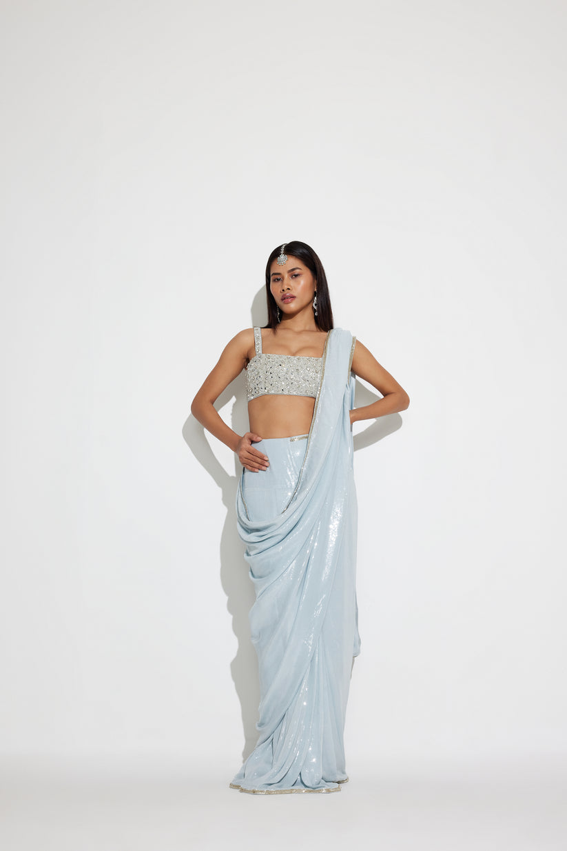 Icy Blue Ready To Wear Sequin Saree for Party & Reception | Ready To Wear Saree For Women