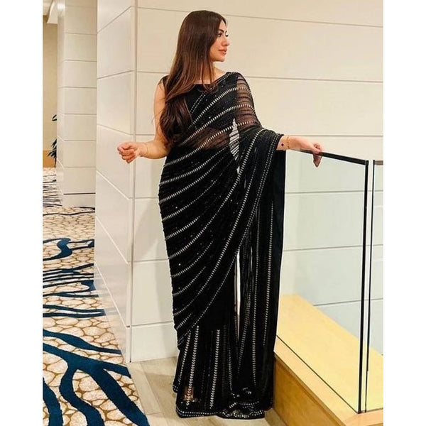 Cocktail Black Premium Georgette Party Wear Saree with Sequin Embroidery Work | Party Wear Saree For Women