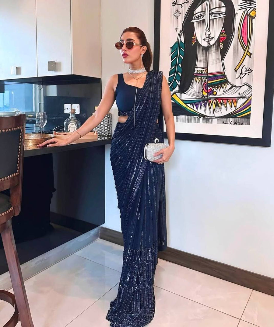 Navy Blue Georgette Partywear & Cocktail Saree With Sequins & Dori Embroidery | Wedding Outfits For Women