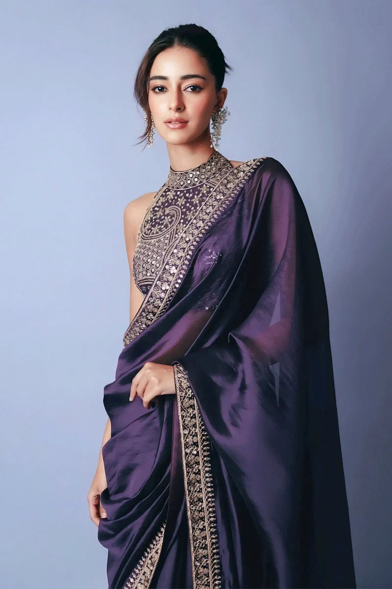 Party & Wedding Wear Designer Royal Purple Embroidered Sequin Saree with Mirror Work | Party Wear Saree For Women
