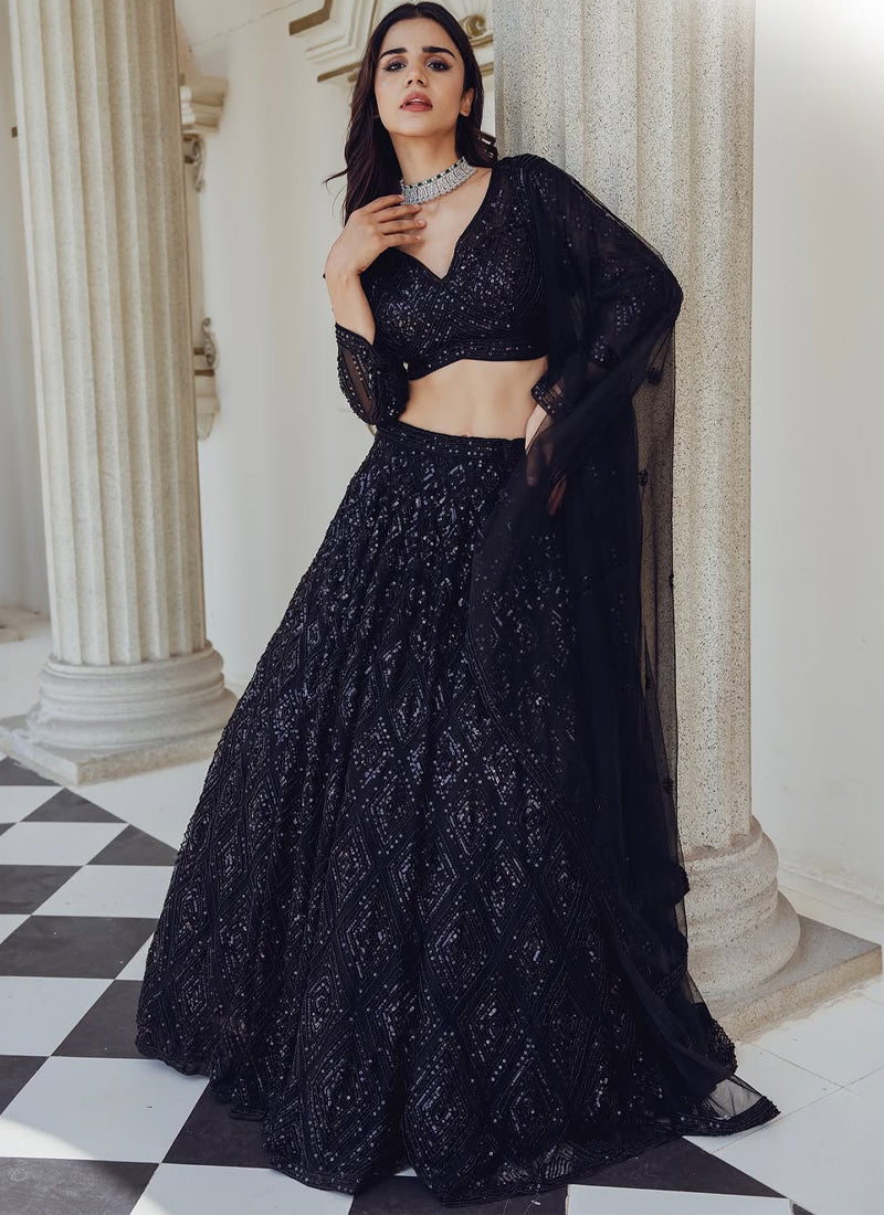 Black Designer Wedding Lehenga with Sequins & Dori Work For Women