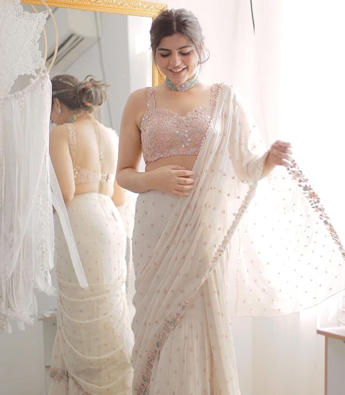Party Wear Real Mirror Work Ruffle Ready To Wear Saree For Wedding | Ruffle Saree For Women