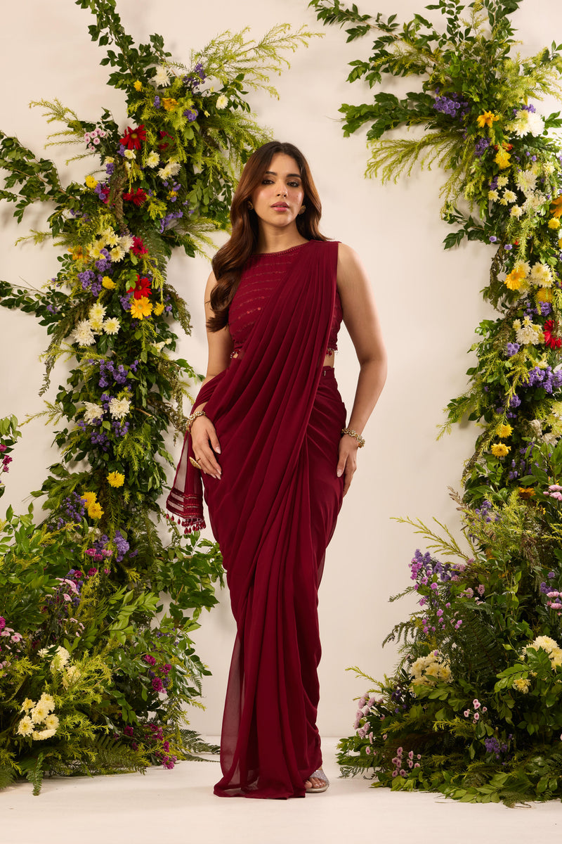 Wine Red Ready To Wear Saree With Sequins Blouse | Pre Draped Ready To Wear Saree For Wedding
