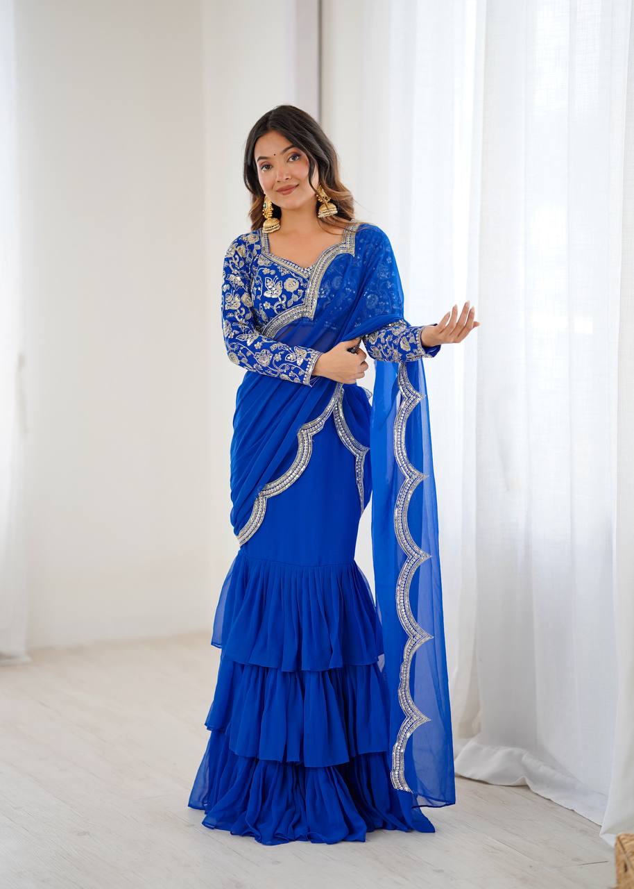 Party Wear Pre Draped Ready To Wear Ruffle Saree | Ready To Wear Saree For Wedding