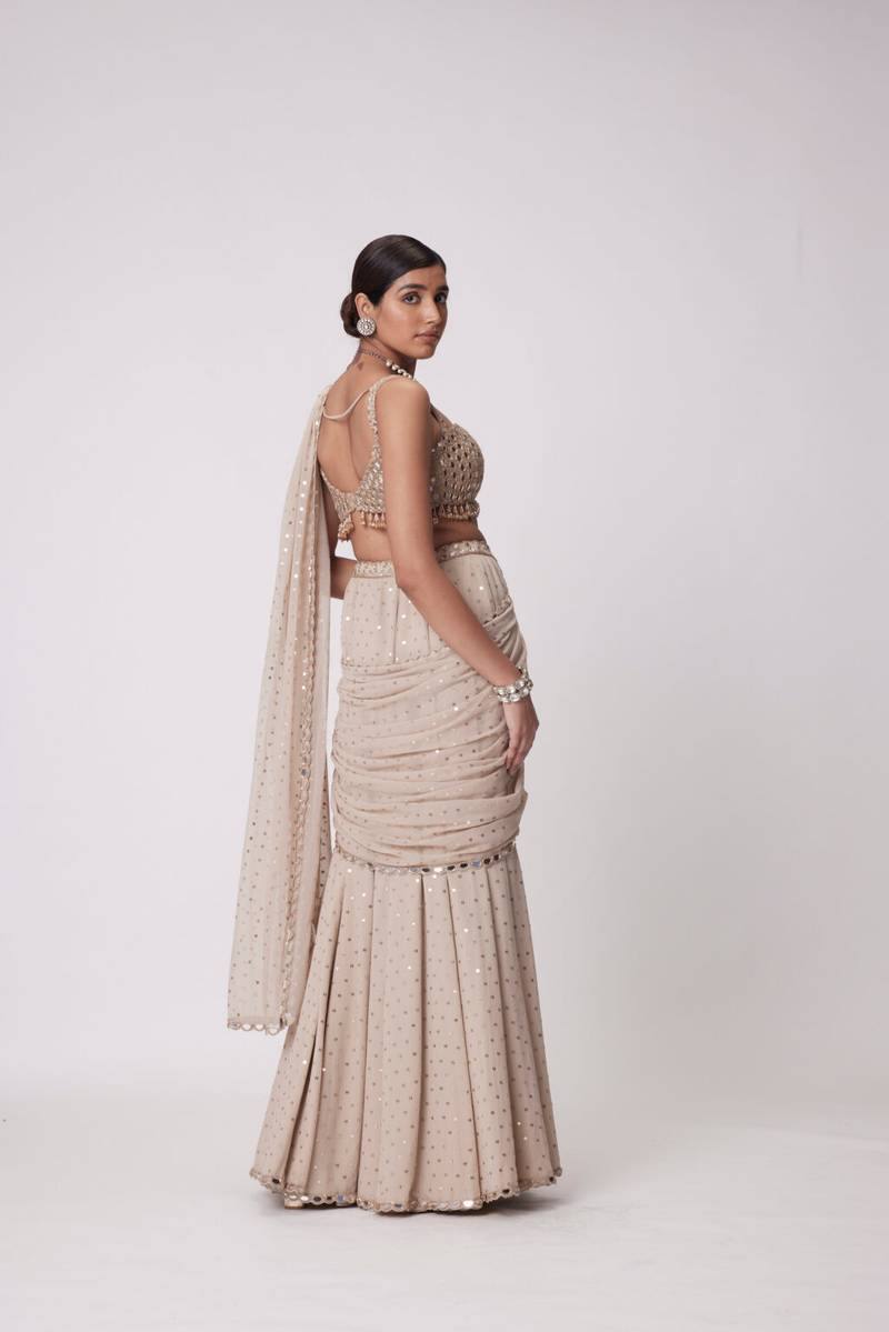 Ready To Wear Faux Georgette Mirror Work Lehenga Saree with Unstitched Blouse | Wedding Outfits For Women