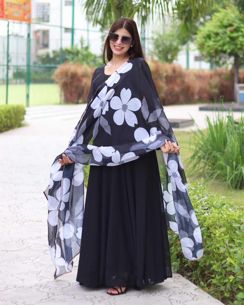 Black Color Soft Georgette Anarkali Gown For Women With Floral Printed Dupatta