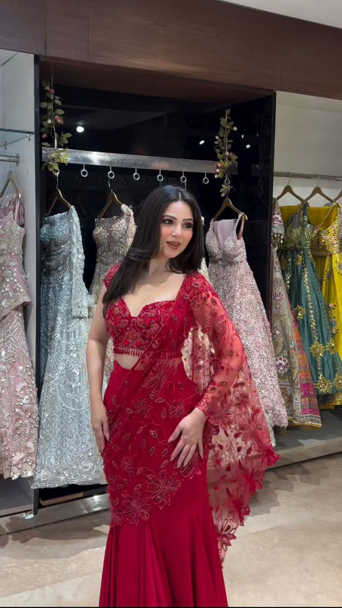 Ruby Red Mermaid Style Ready To Wear Lehenga Saree For Women | Ready To Wear Saree