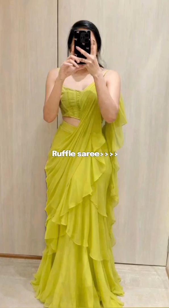 Lime Green Ready To Wear Ruffle Saree For Women | Ready To Wear Saree For Wedding