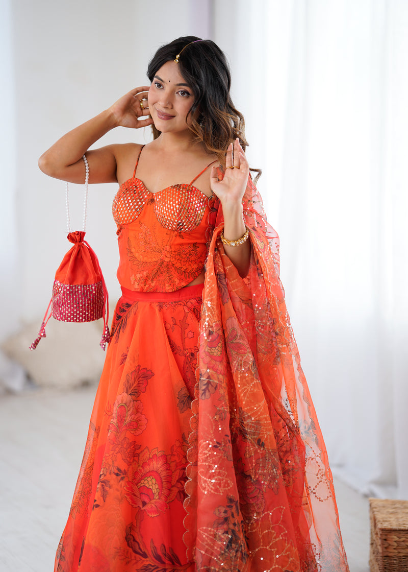 Rust Orange Floral Lehenga For Women | Haldi, Wedding & Festive Wear for Women