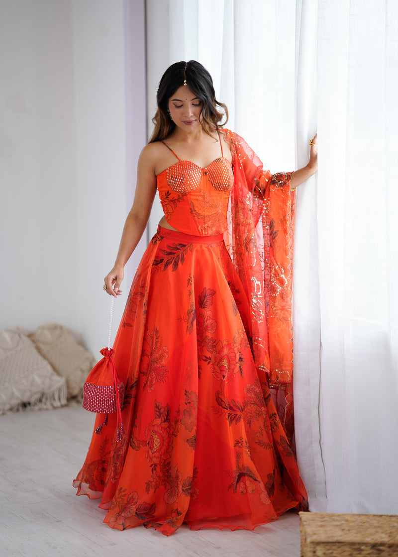 Rust Orange Floral Lehenga For Women | Haldi, Wedding & Festive Wear for Women